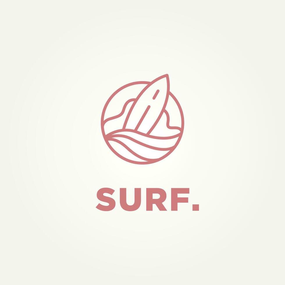 surfboard and wave minimalist line art logo template vector illustration design. simple modern surfer, water sport, surfboard logo concept