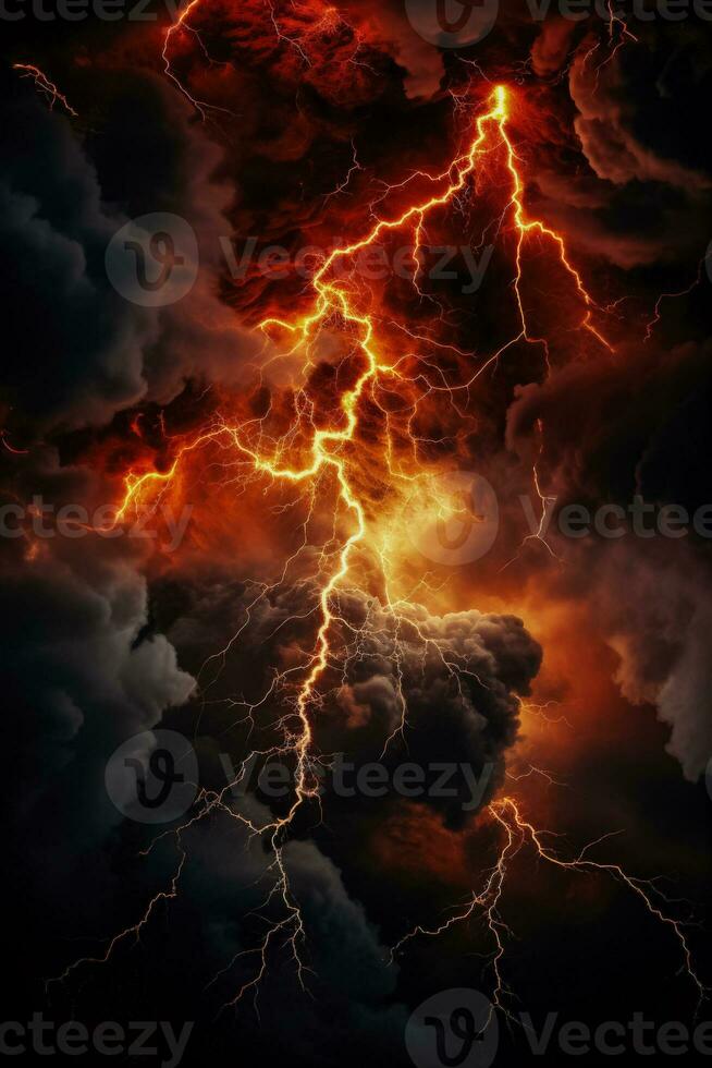 Fiery lightning strikes under stormy hellish skies background with empty space for text photo