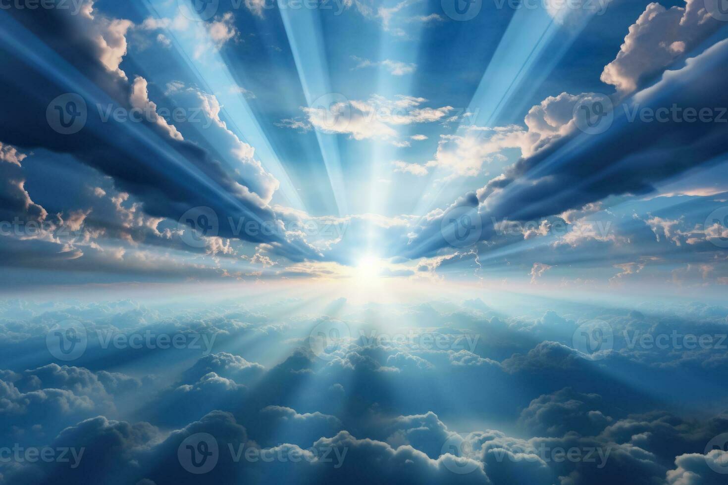 Divine rays pierce through cloudy veil revealing serene heavenly panorama photo