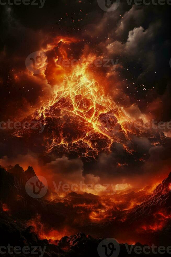 Smoky volcanic eruption in a fiery landscape background with empty space for text photo