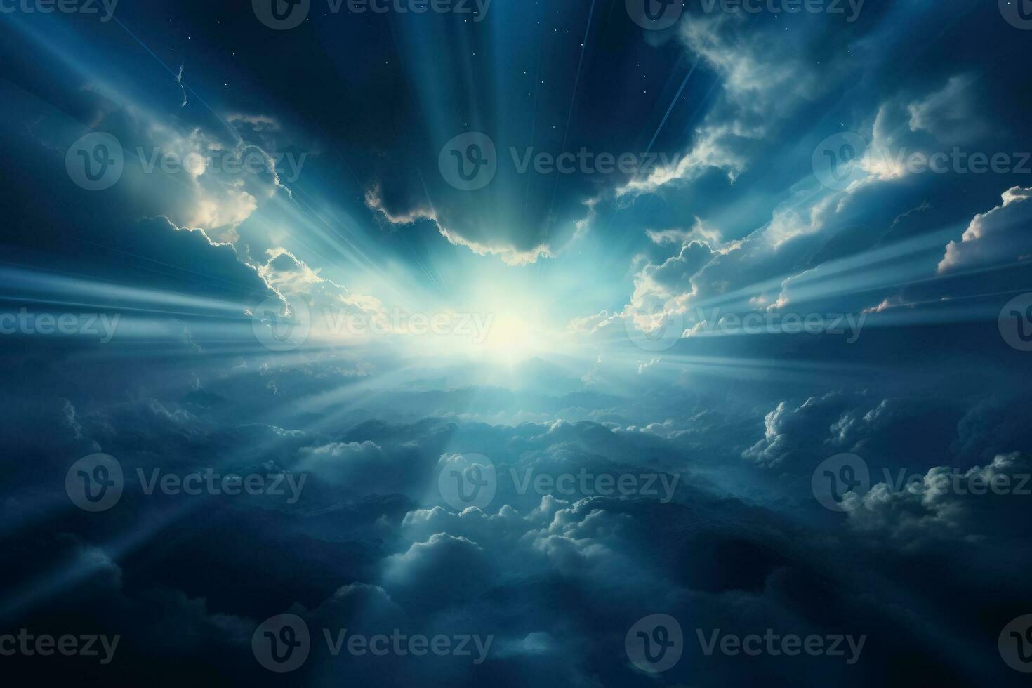 Mystical light beams piercing through dense clouds background with empty space for text photo