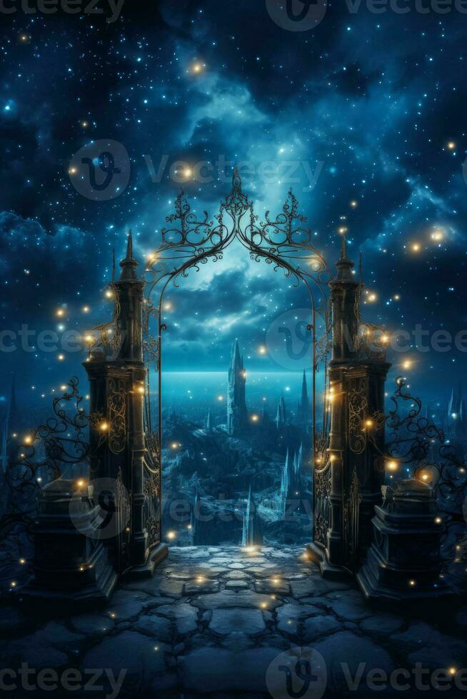 Luminescent heavenly gates amidst starry night skies background with empty space for text photo