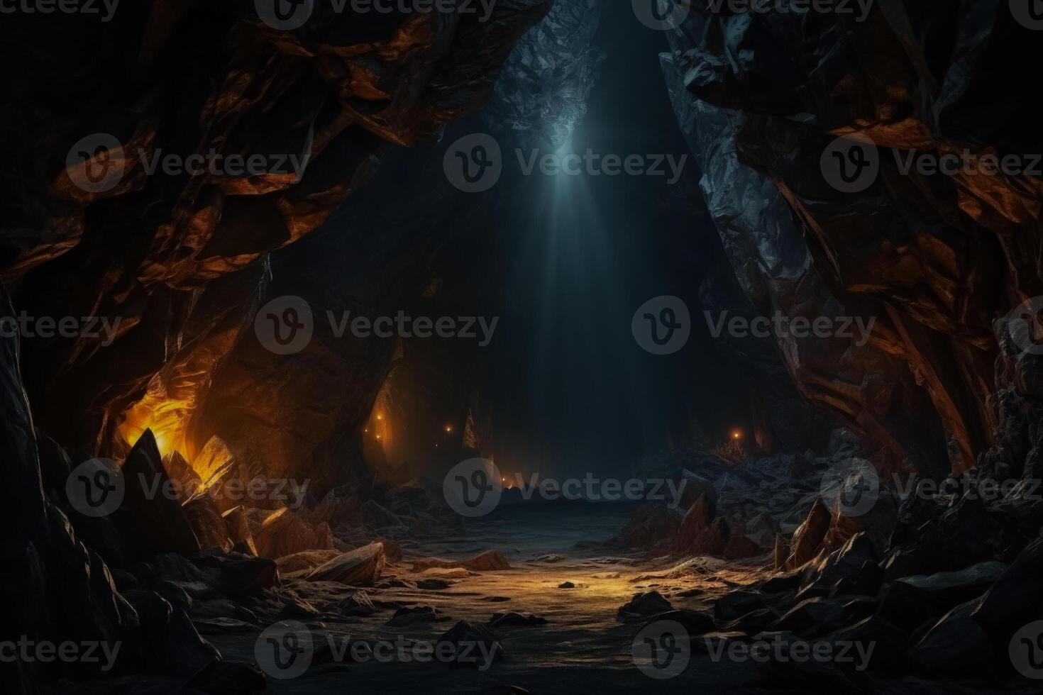 Gloomy cave entrances under eerie lights background with empty space for text photo