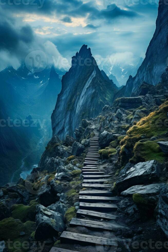 Majestic stairways ascend towards ethereal heavens amidst towering rugged mountain peaks photo