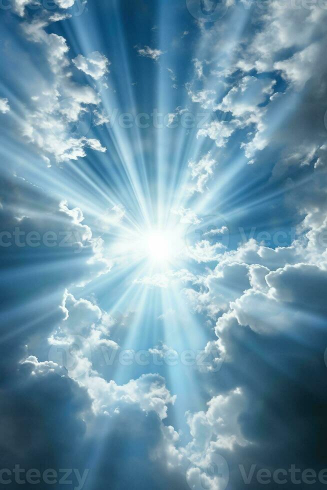 Mystical light beams piercing through dense clouds background with empty space for text photo