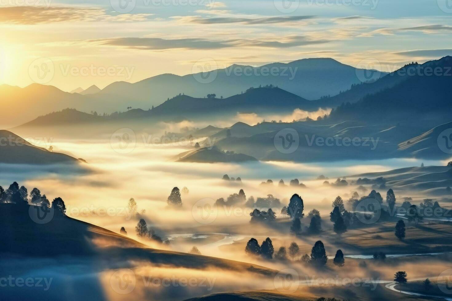 Dreamy purgatory landscapes enveloped in morning mists background with empty space for text photo