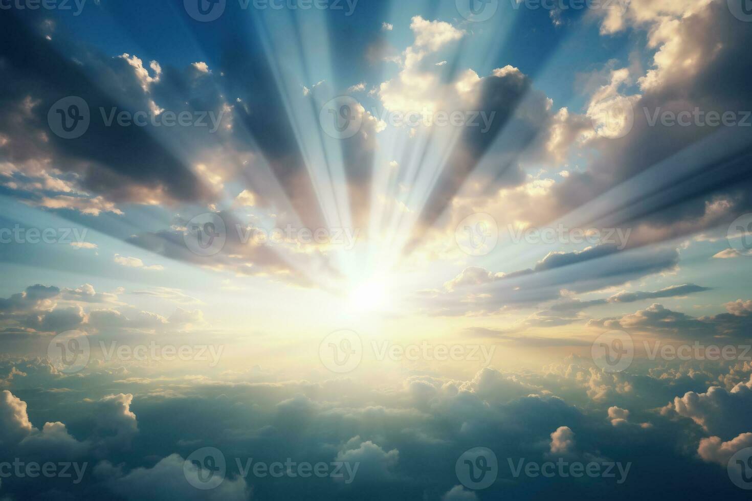 Divine rays pierce through cloudy veil revealing serene heavenly panorama photo