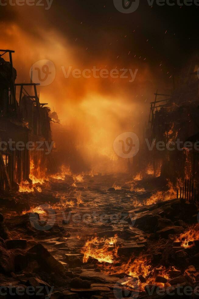 War ravaged buildings amidst fiery inferno background with empty space for text photo