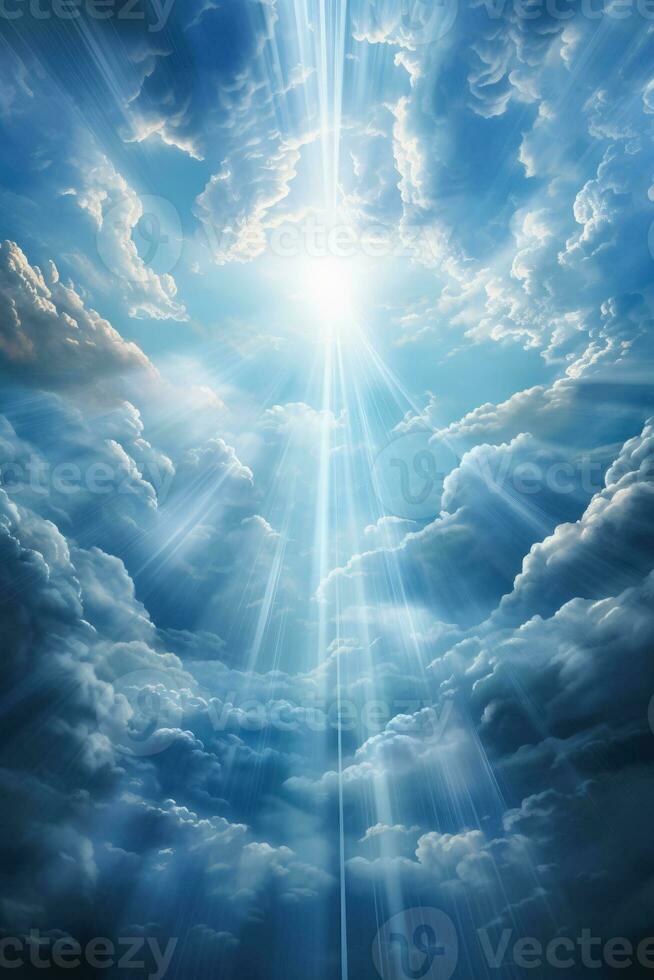 Divine rays pierce through cloudy veil revealing serene heavenly panorama photo