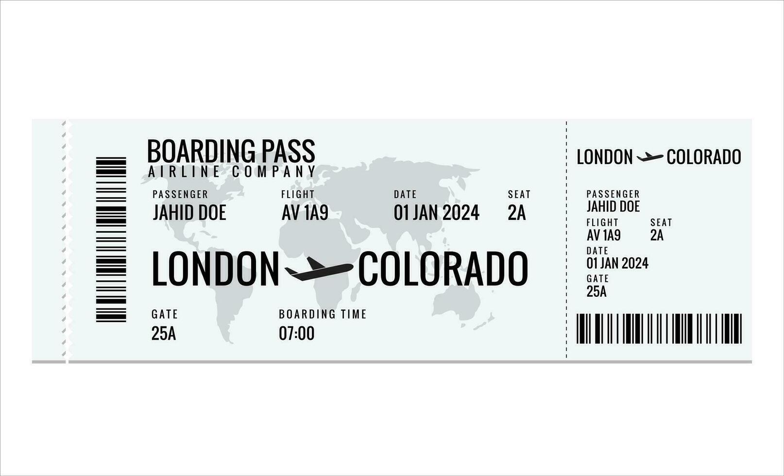 Realistic airline ticket design with passenger name. Vector illustration on white background