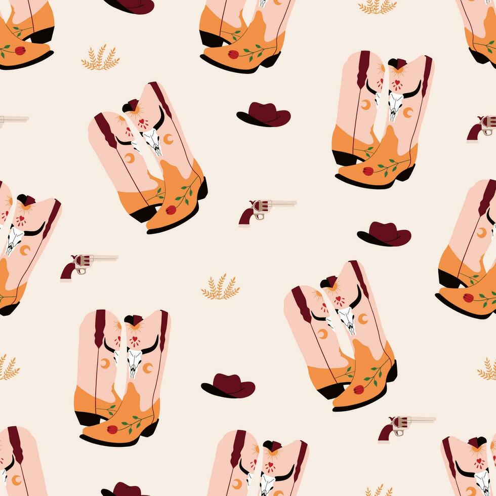 Seamless pattern with cowboy boots, hat and gun. Wild west, western. Hand drawn vector background. All elements are isolated
