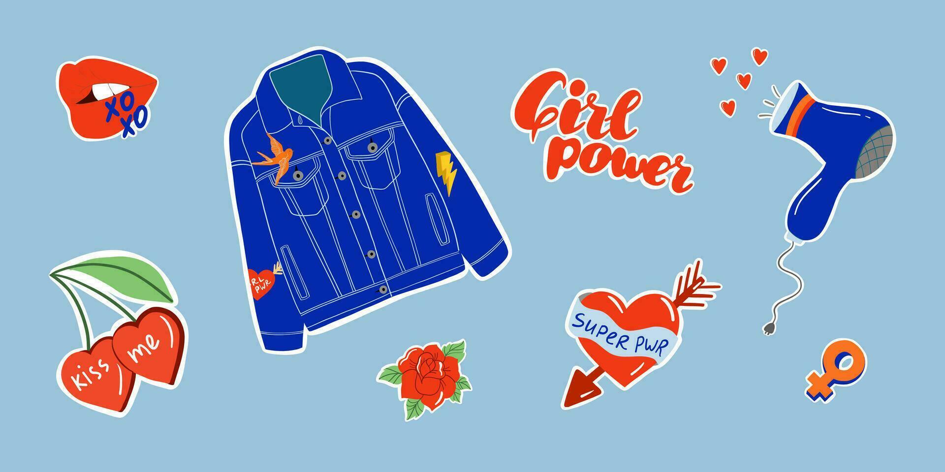 Collection of retro stickers. Jean jacket, cherry, rose, lips, heart, hair dryer. Girl power concept. Isolated vector illustration