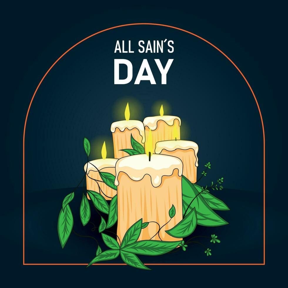 All Saints' Day, vector illustration of illuminated candles with decorative plants and dark blue background