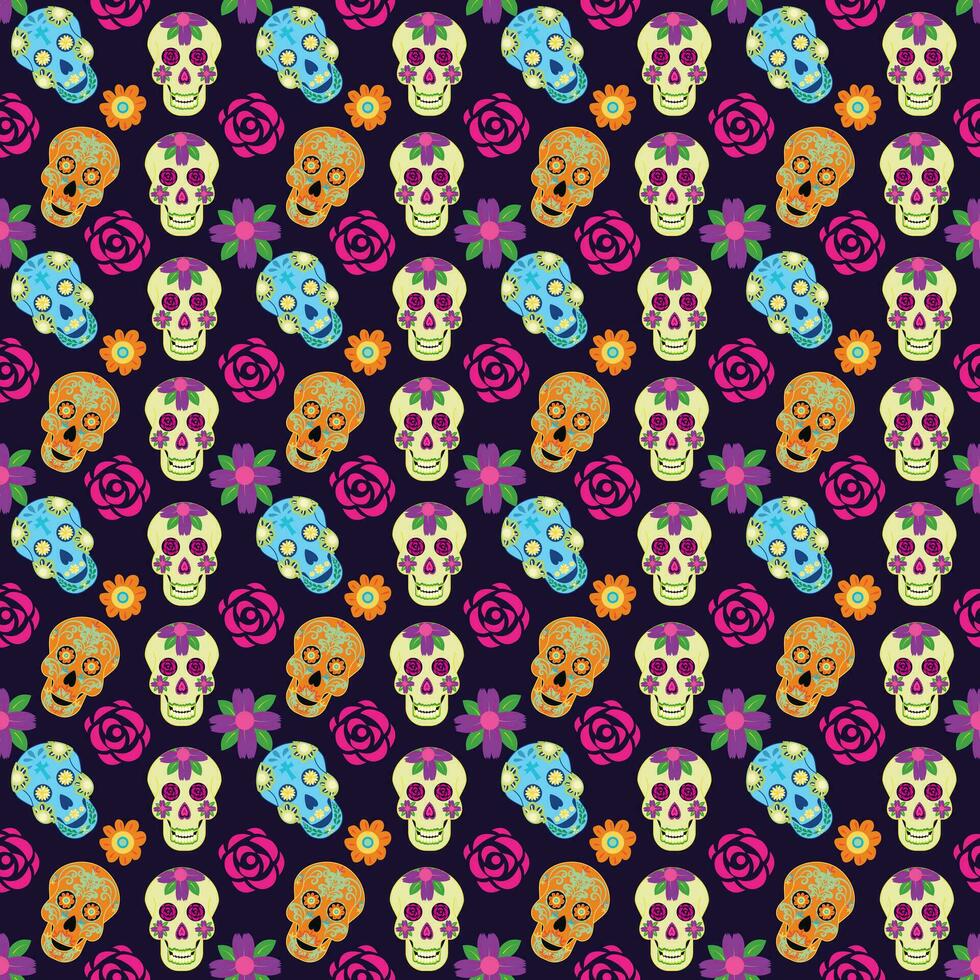 Skulls of the dead day. Mexican sugar man head halloween tattoo to honor death. Seamless pattern. vector