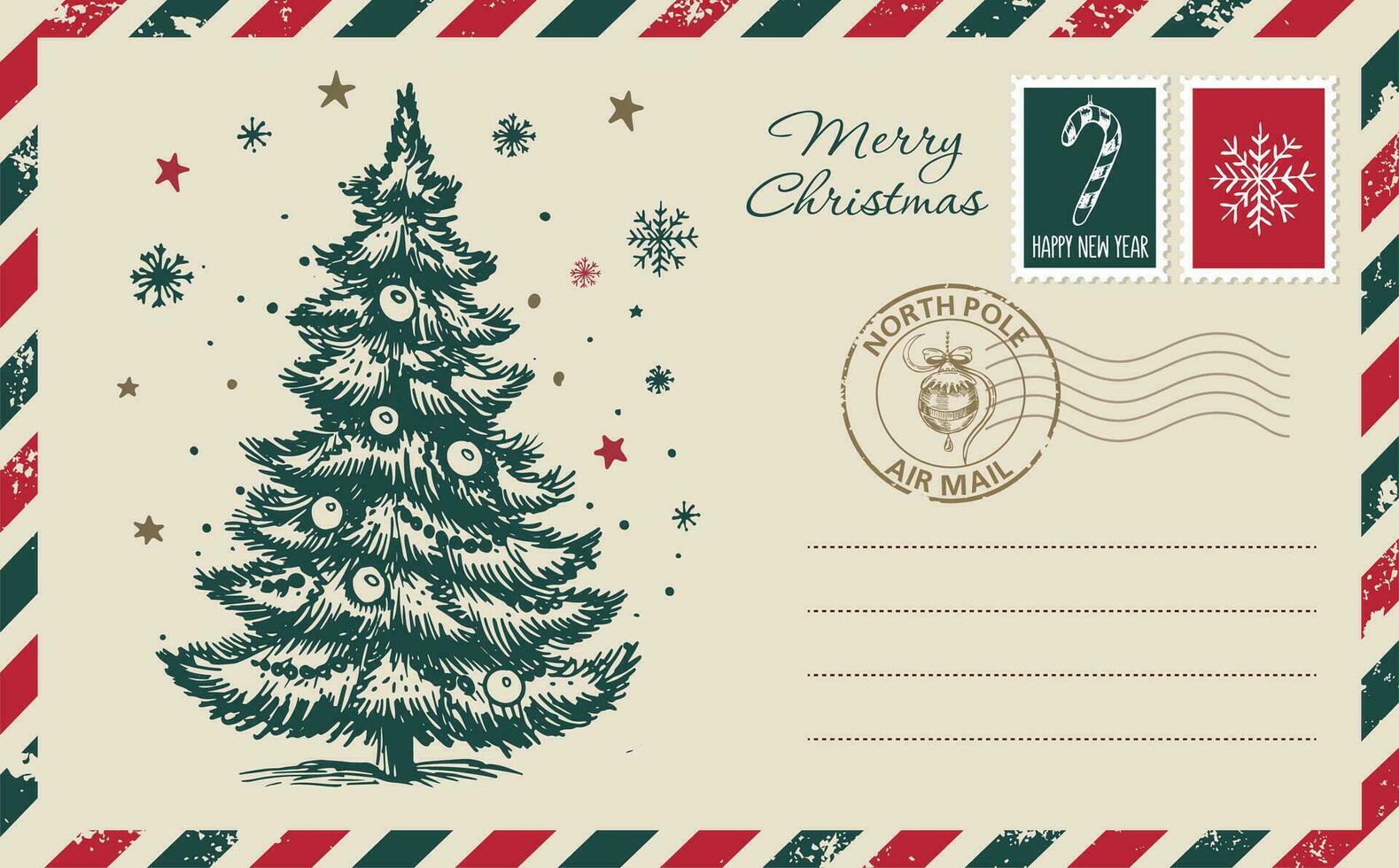 correo de navidad, postal, ilustración dibujada a mano. vector