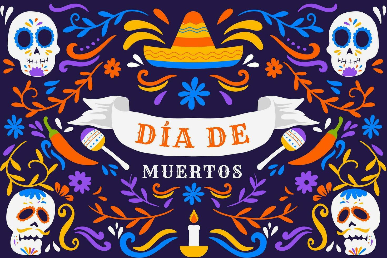 hand drawn dia de muertos horizontal banner illustration with ornaments vector