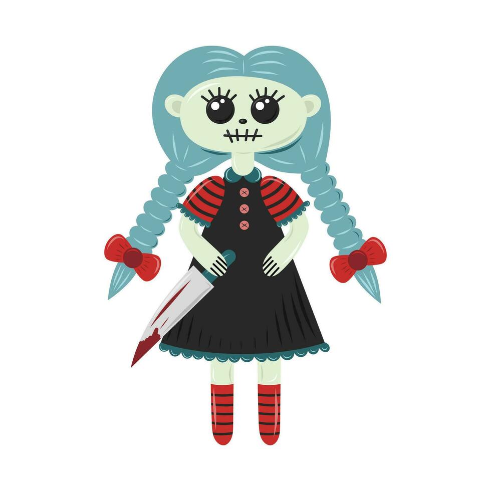 Drawing of Creepy doll. Halloween concept. Vector illustration