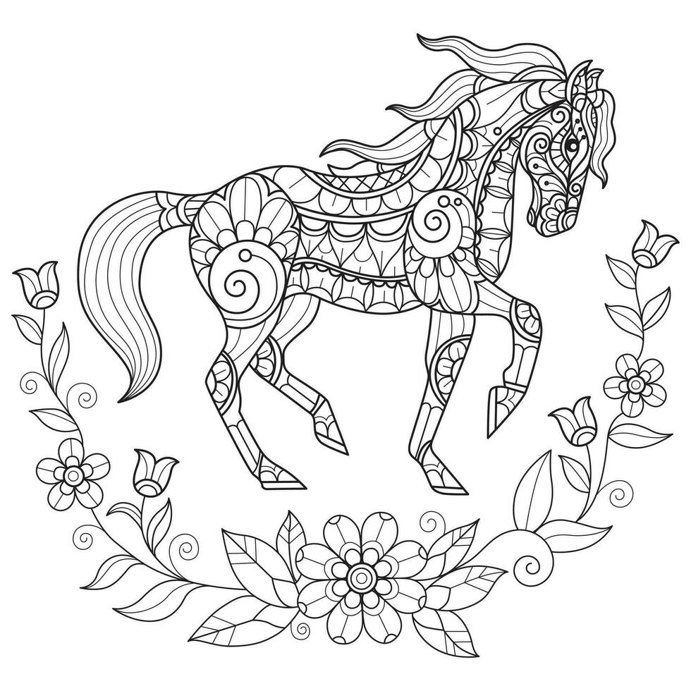 caballo y flor vino mano dibujado para adulto colorante libro vector