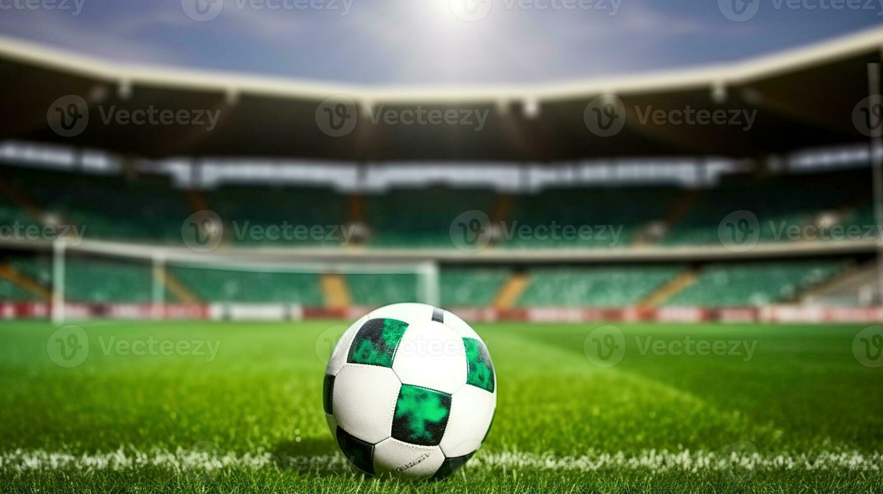 Field of Dreams. Soccer ball on green stadium arena photo