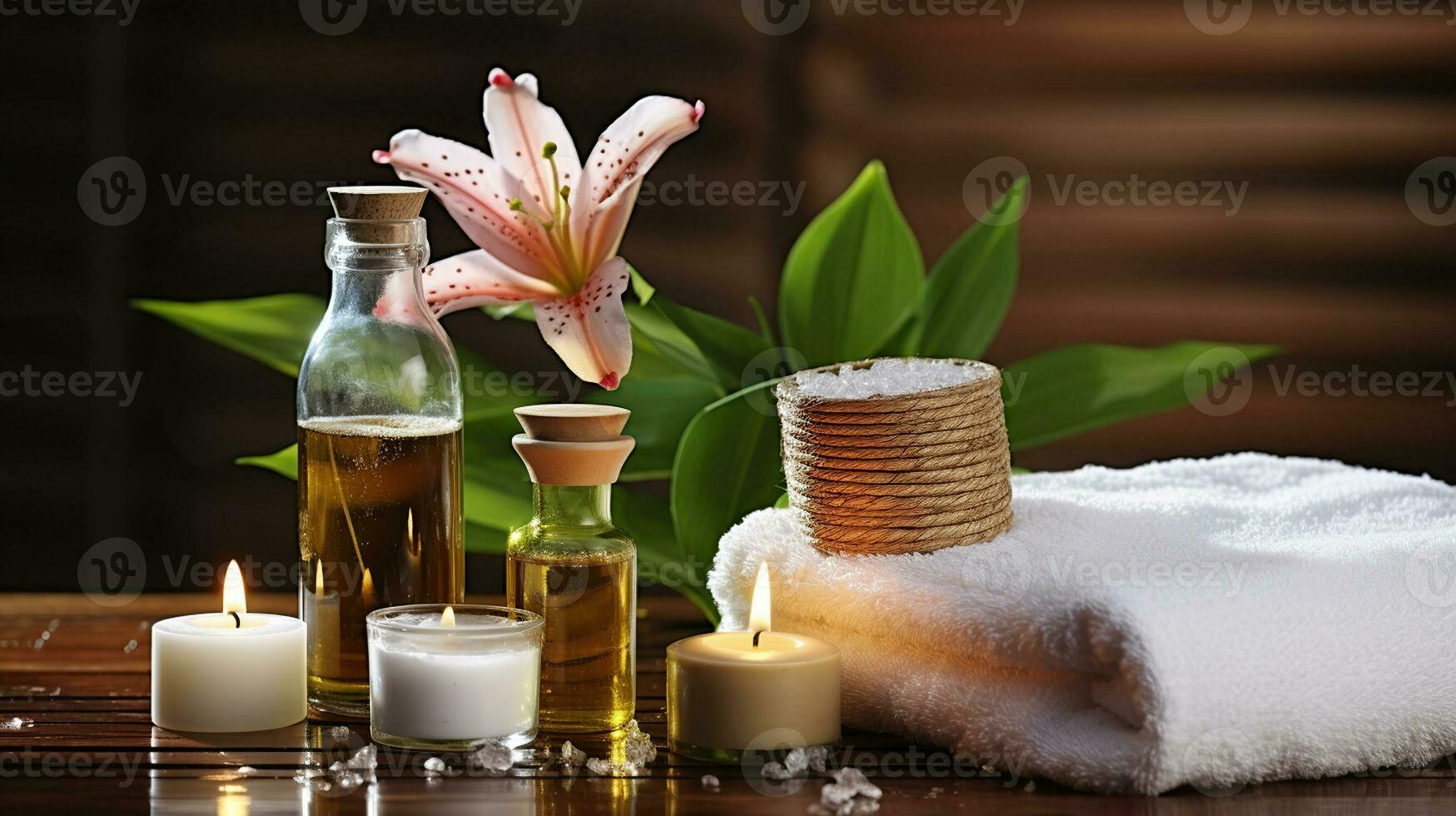 Spa still life with essential oil,sea-salt and towel. Elixir of Relaxation photo