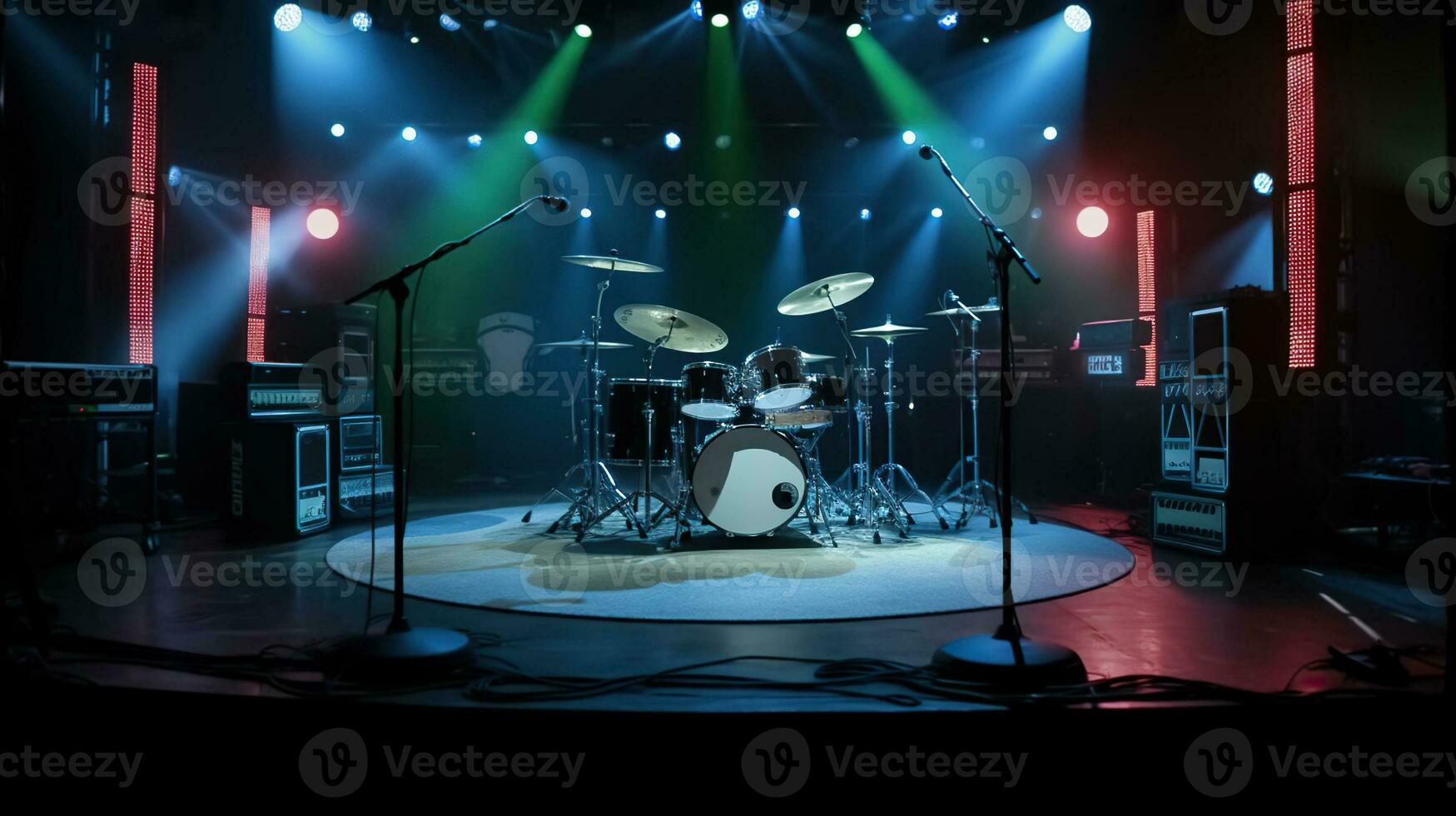 A Stage Awaiting Musical Magic with Instruments and Neon Lights. Generative AI photo