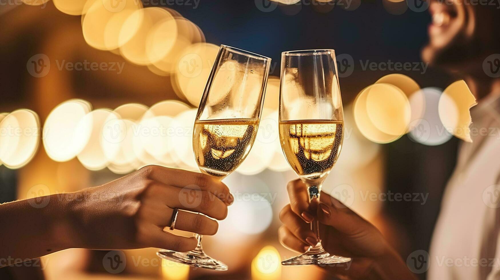 Closeup of boyfriend and girlfriend hands toasting glasses of white wine to celebrate their anniversary photo