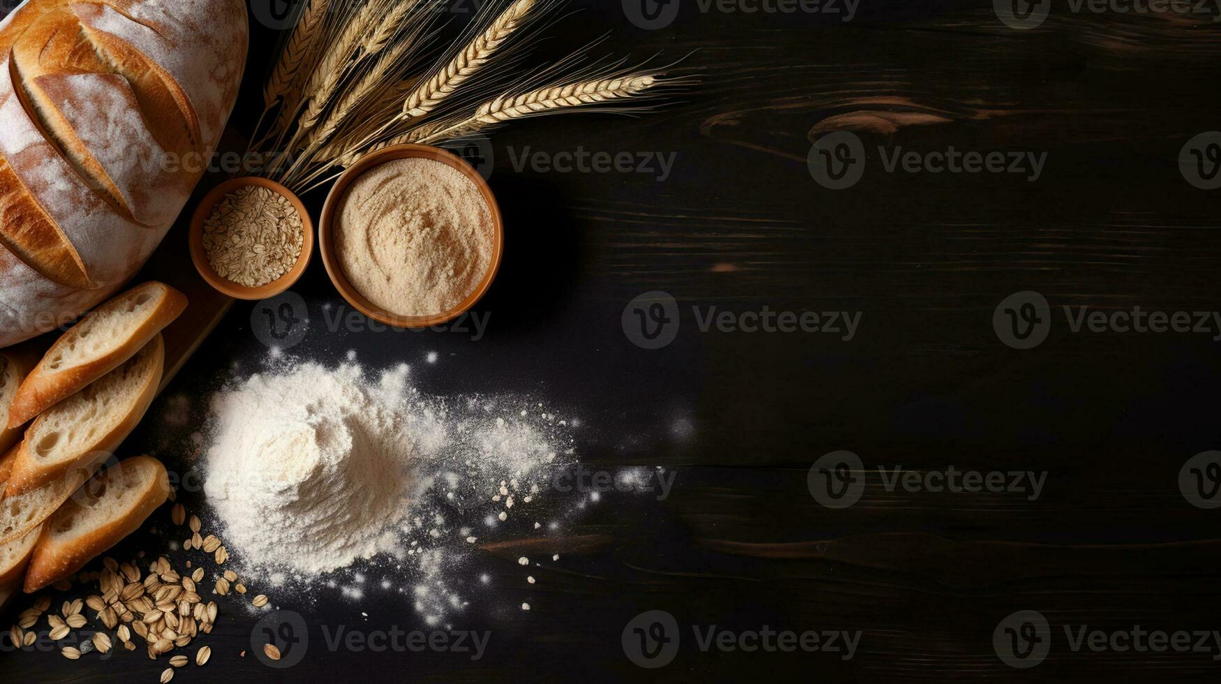 Rustic Bread Delight. Fresh Loaf, Wheat Ears, and Flour on Dark Board. Generative AI photo