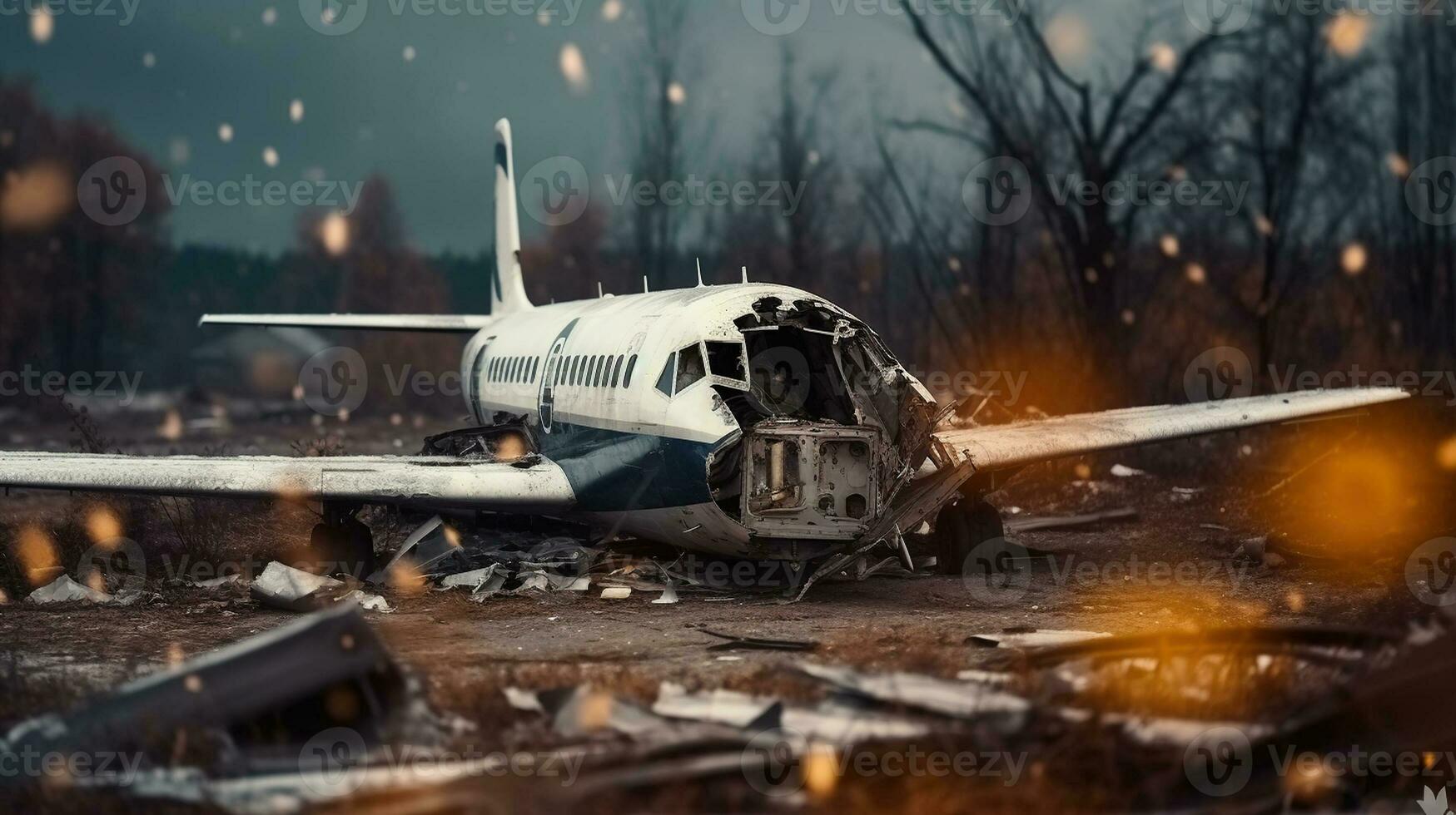 Plane crash, crashed airplane, air accident. Generative AI photo