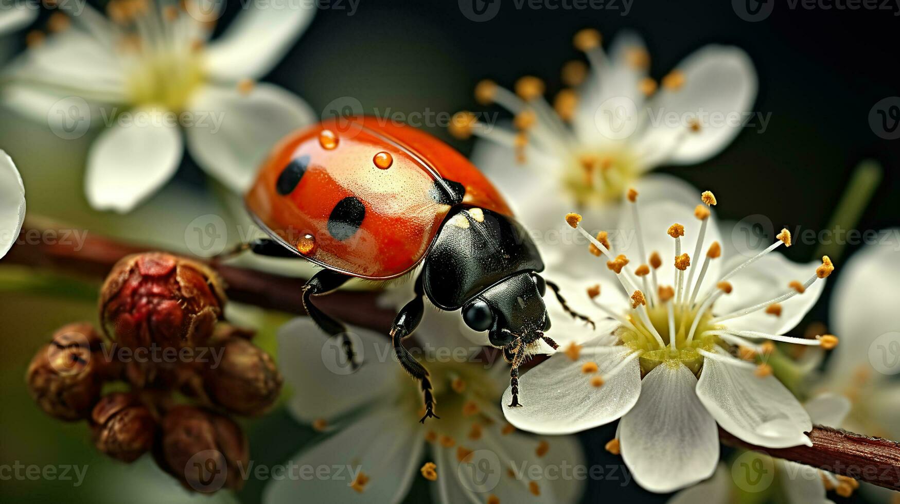 macro ver de de mariquita intrincado caracteristicas en medio de blanco pétalos generativo ai foto