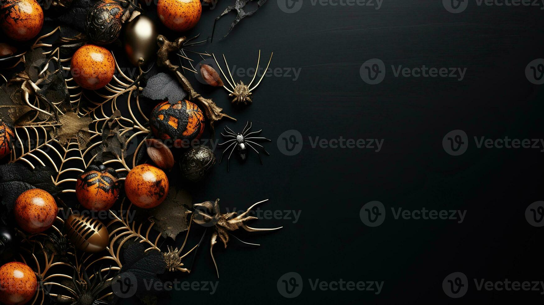 Happy halloween flat lay mockup with spiders, decoration and spider web on black background. Autumn holiday concept composition. Generative AI photo