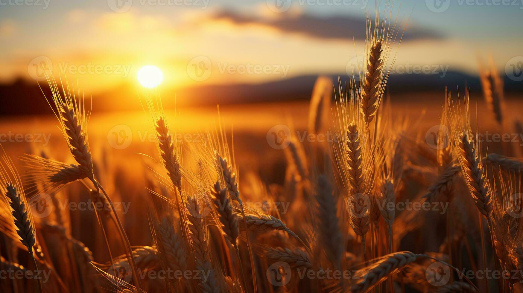 Sunset's Golden Light over the Wheat Field. Generative AI photo