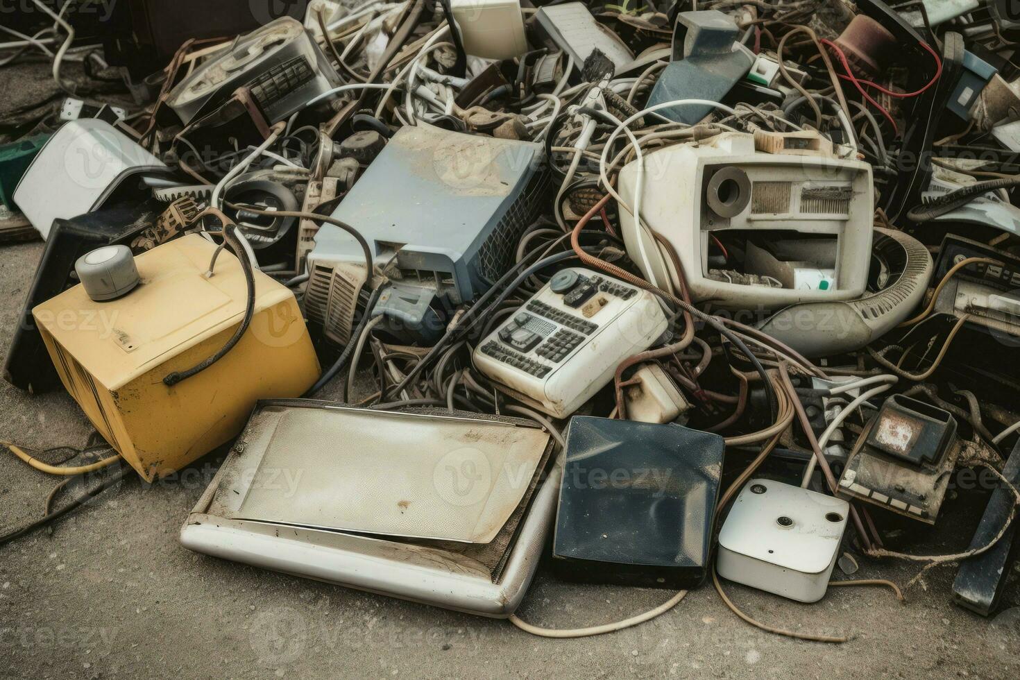 Old electronic trash pile. Generate Ai photo