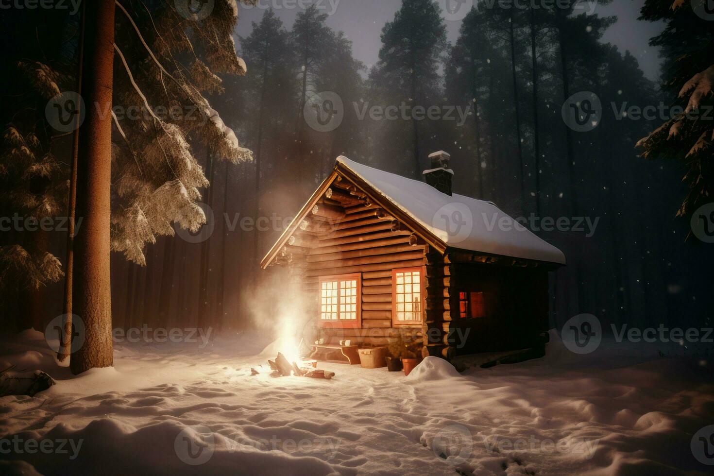 Cozy cabin serene snow. Generate Ai photo