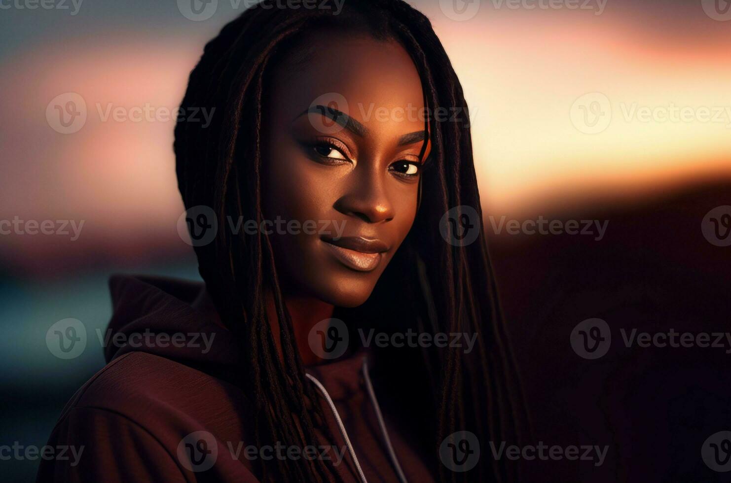 Chocolate skin model at sunset. Generate Ai photo