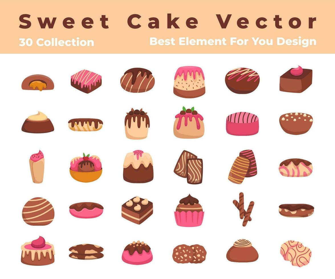 Collection sweet cake flat color vector