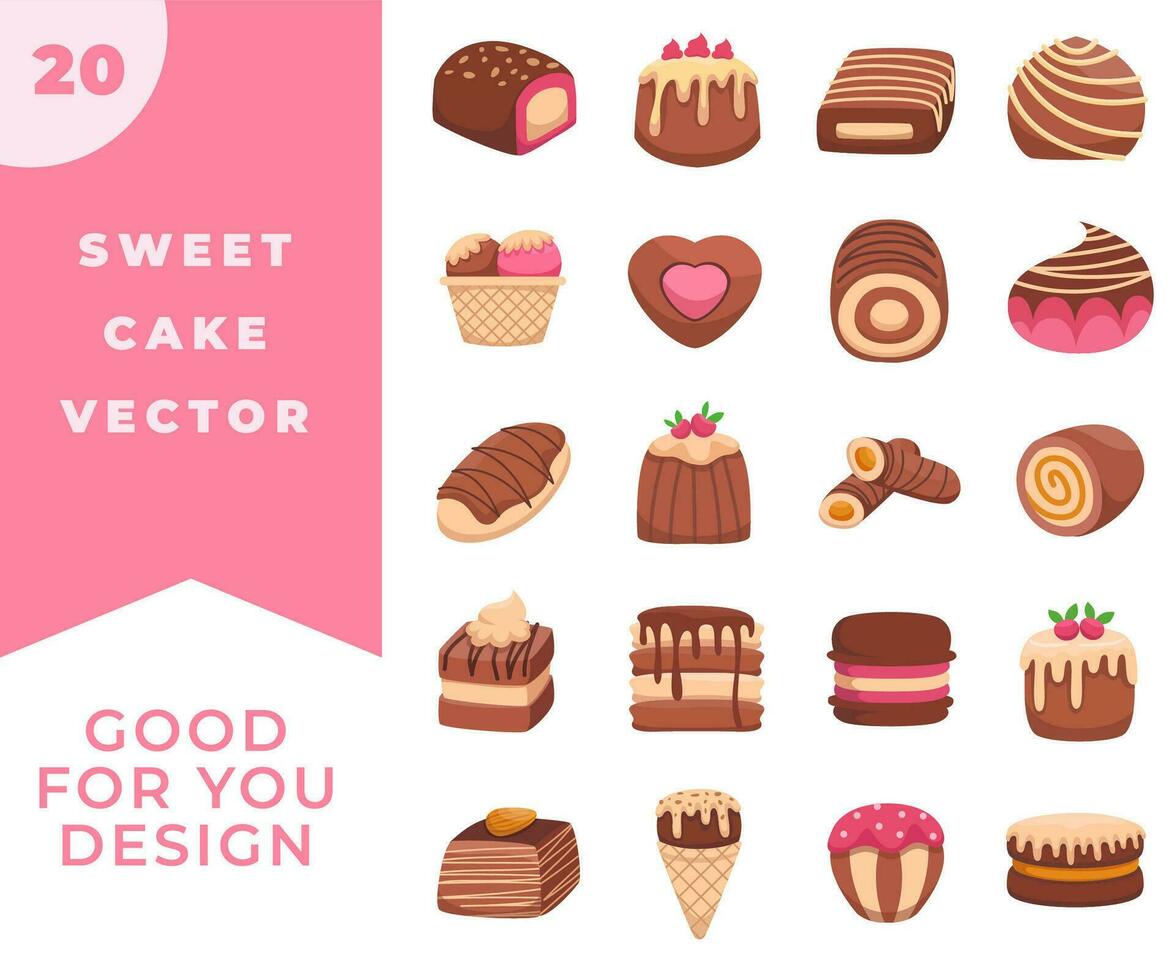 Collection sweet cake flat color vector