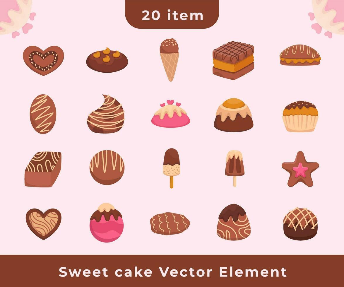 Collection sweet cake flat color vector