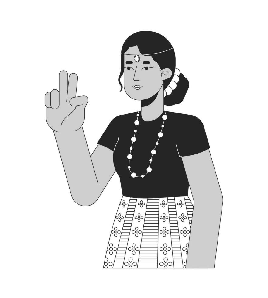 Peace sign girl with indian head jewelry black and white 2D line cartoon character. South indian woman two fingers up isolated vector outline person. Selfie taking monochromatic flat spot illustration