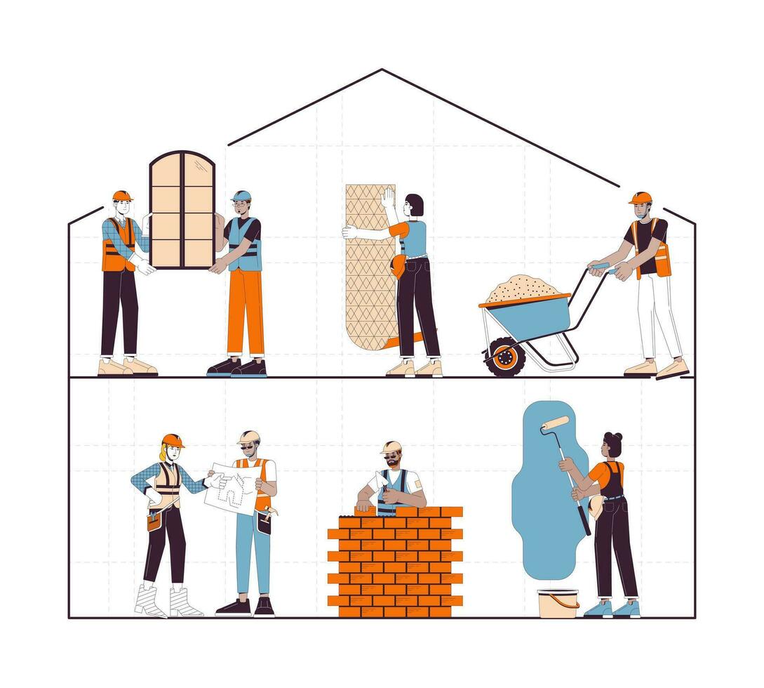 Home construction site 2D linear illustration concept. Diverse building contractors cartoon characters isolated on white. Installers, builders hardhat metaphor abstract flat vector outline graphic