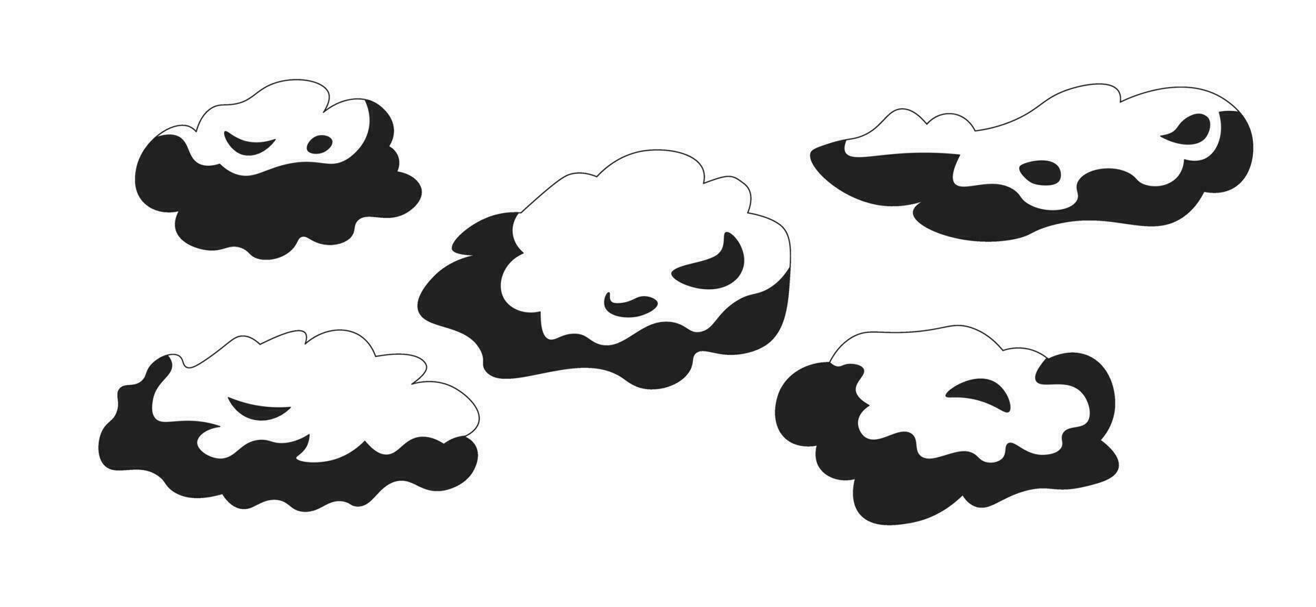 Cotton candy like fluffy clouds black and white 2D cartoon object. Puffy cloudscape isolated vector outline item. Magic atmosphere. Dream dreamy weather forecast monochromatic flat spot illustration