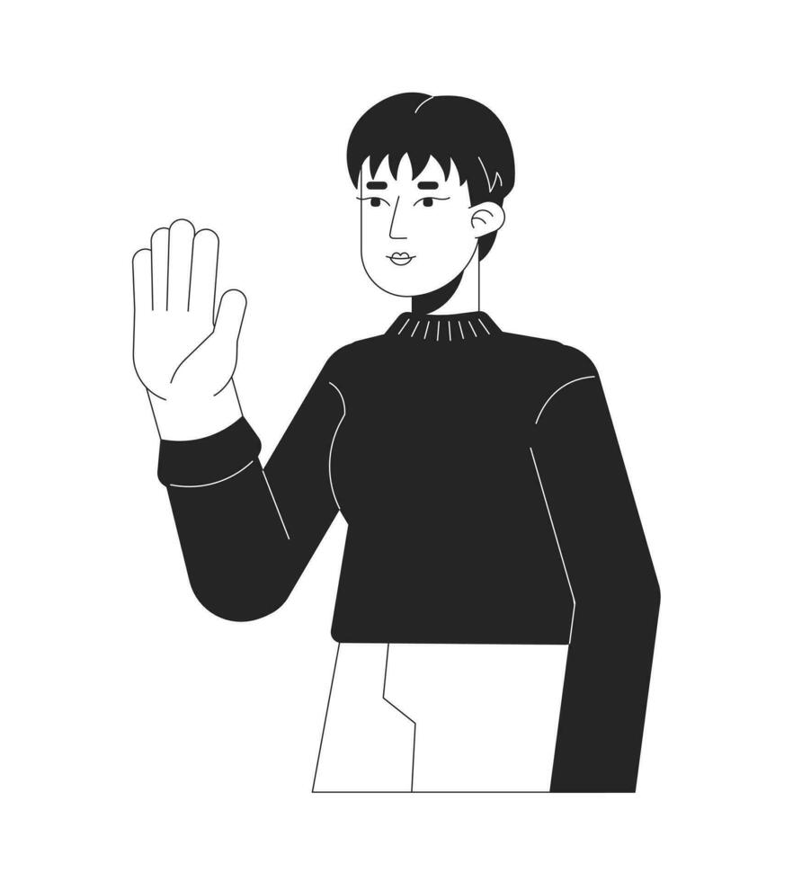 Pixie cut korean woman waving hand black and white 2D line cartoon character. Handsome asian lady greeting isolated vector outline person. Stop hand. Saying hi monochromatic flat spot illustration