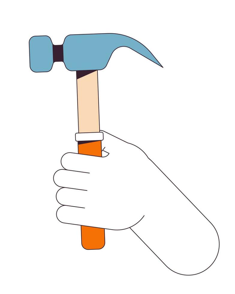 Hammer holding linear cartoon character hand illustration. Handyman work tool outline 2D vector image, white background. Manual work. Do-it-yourself. Home improvement editable flat color clipart