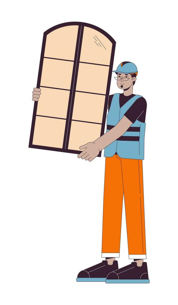 Middle eastern male labourer carrying window 2D linear cartoon character. Arab man contractor isolated line vector person white background. Hardhat workman working color flat spot illustration