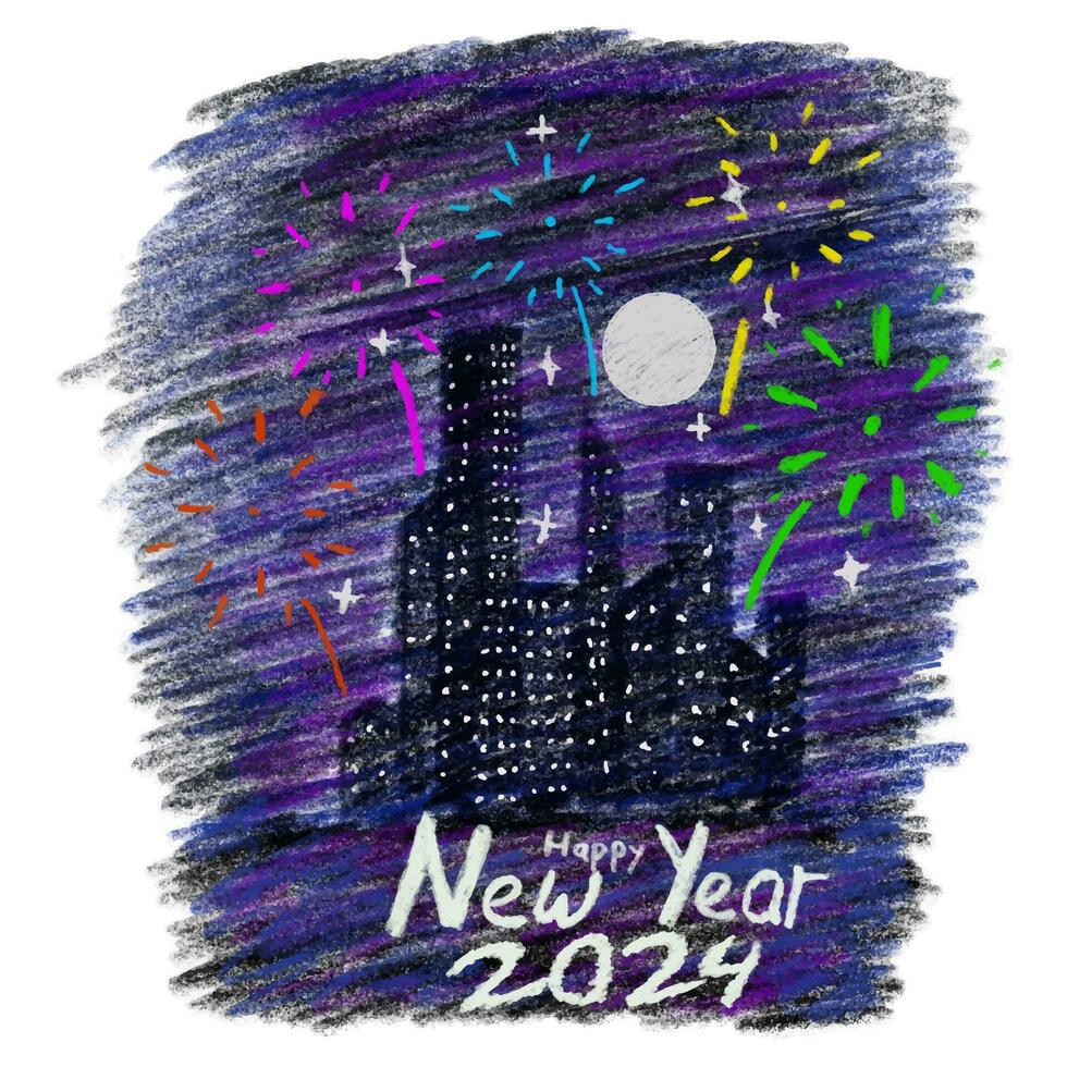 hand drawn new year 2024 design with crayon color style with a city, fireworks, moon and stars. vector illustration