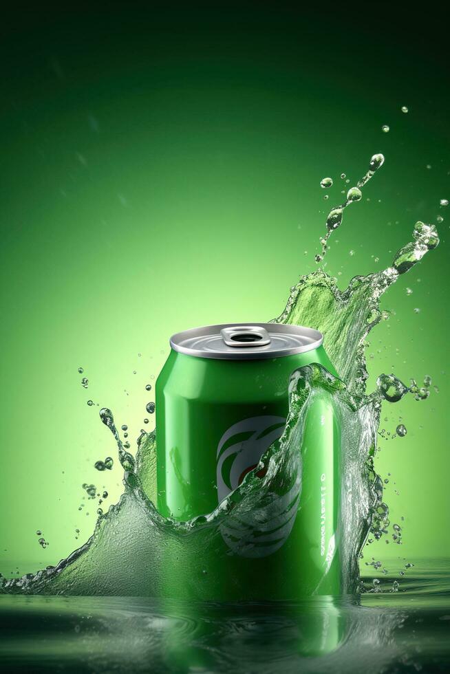 Cool and Refreshing. Green Can Soft Drink Unleashes a Splash. Generative AI photo