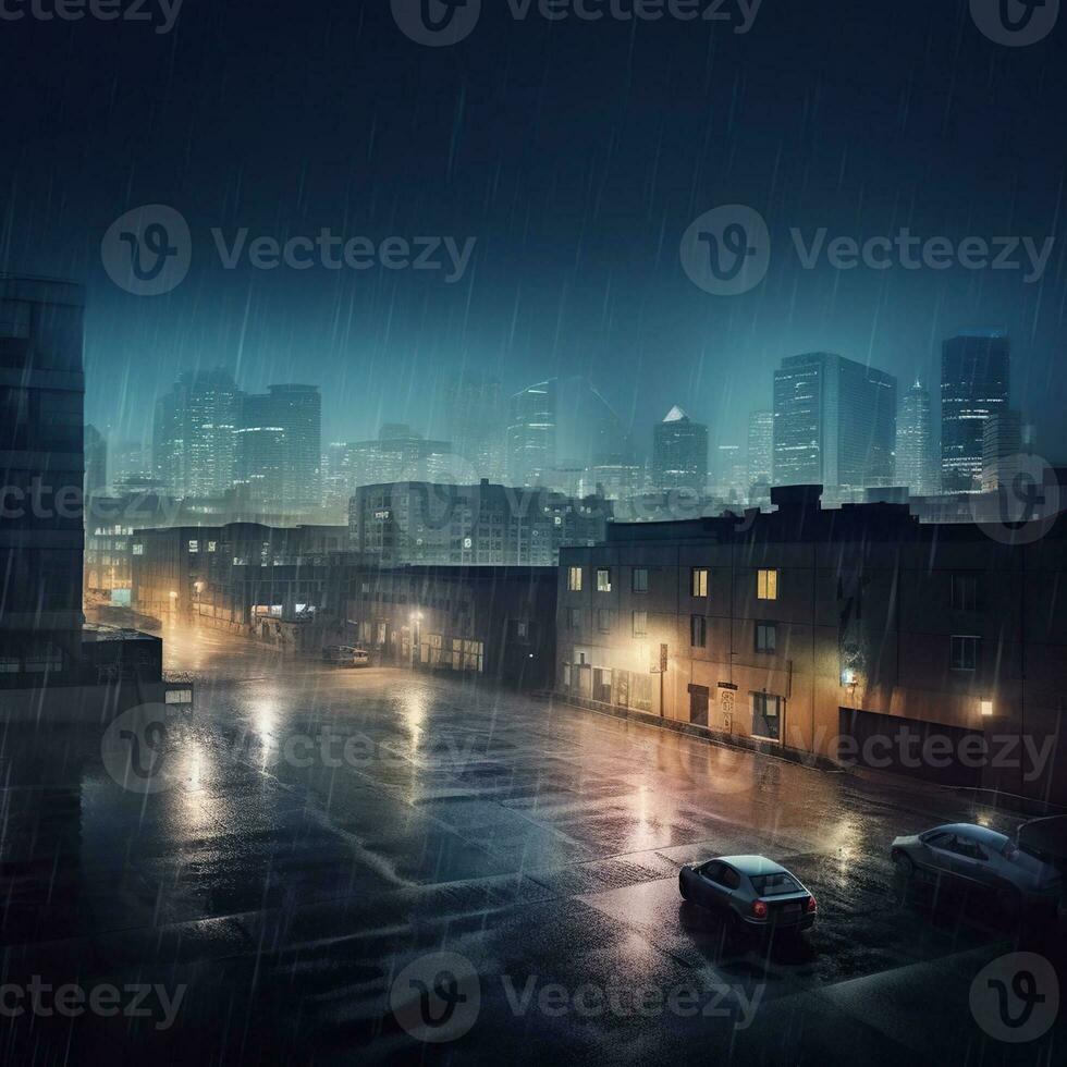 Rainy Night Reverie. A Soothing View of the City's Skyscrapers. Generative AI photo