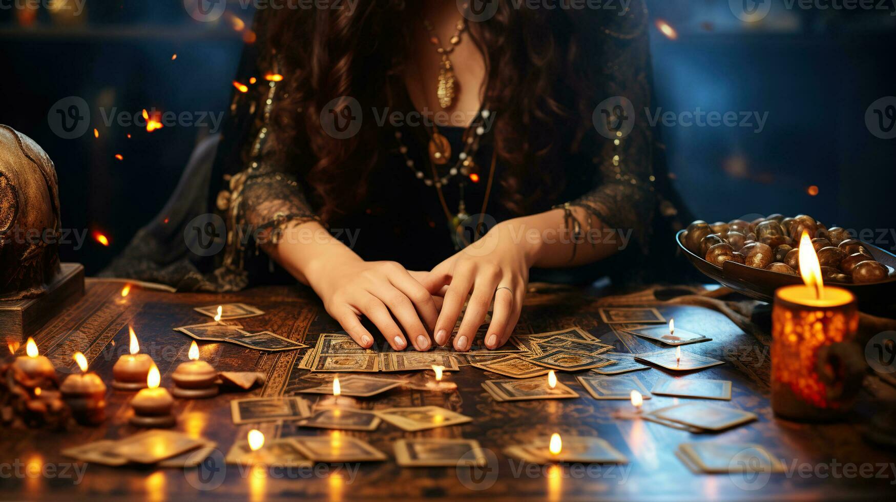 Cartomancy. A fortune teller reads Tarot cards. On the table are candles and fortune-telling objects and sparks photo