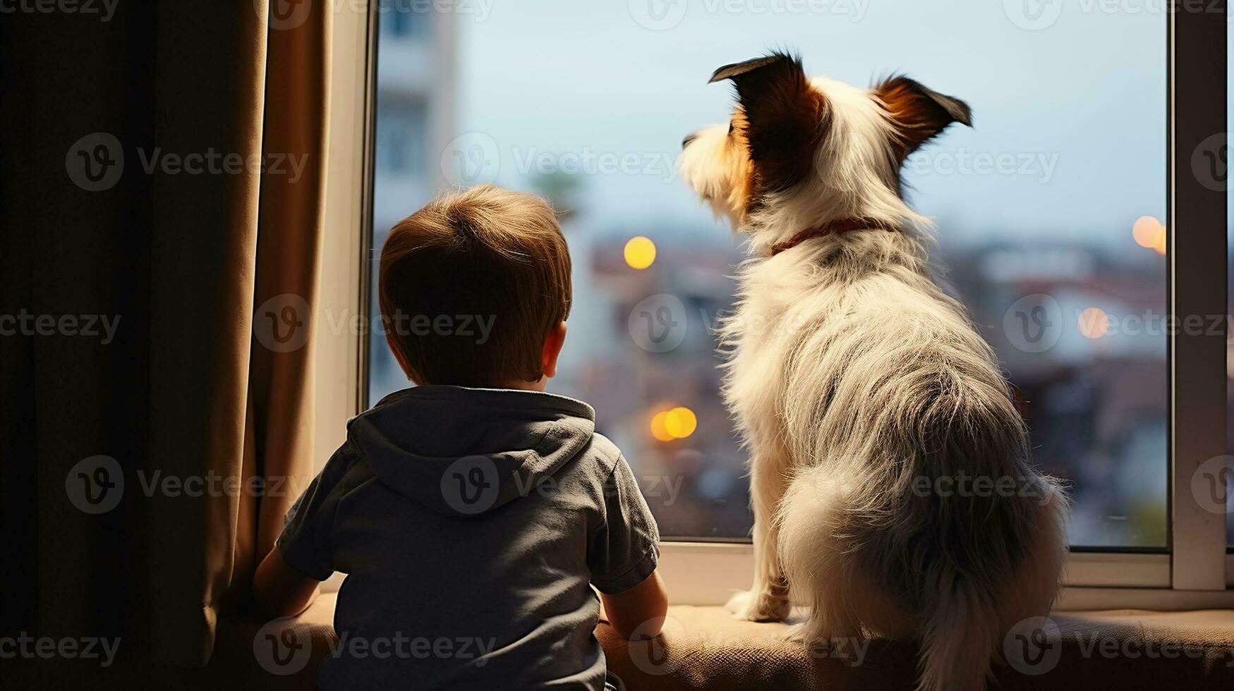 Little boy and dog look out the window. Generative AI photo