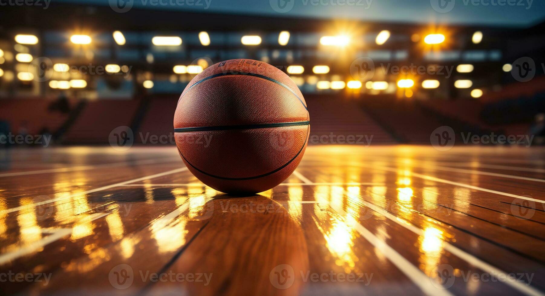 Basketball ball in front of big modern basketball arena. Generative AI photo