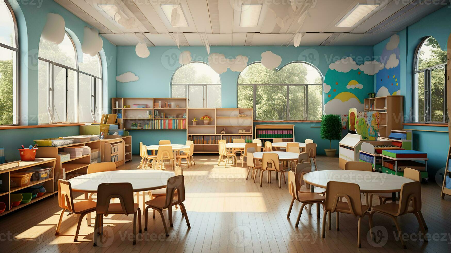 Empty Modern Preschool Classroom Interior. Generative AI photo